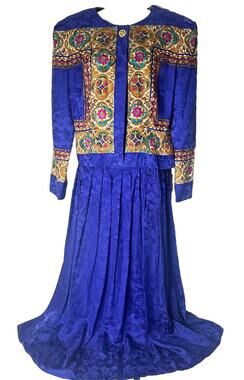 Vtg Maggie London Silk Jewel Tones Scarf Print Pleated Midi Skirt Jacket Suit 14